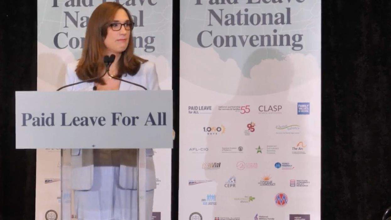 sarah mcbride speaking at a paid leave for all event