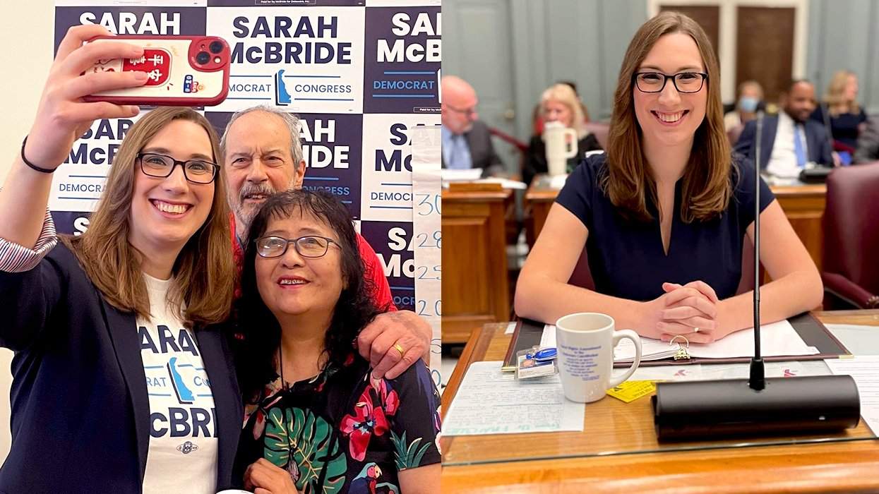 Sarah McBride with constituants office opening sitting desk legislative session Dover deleware