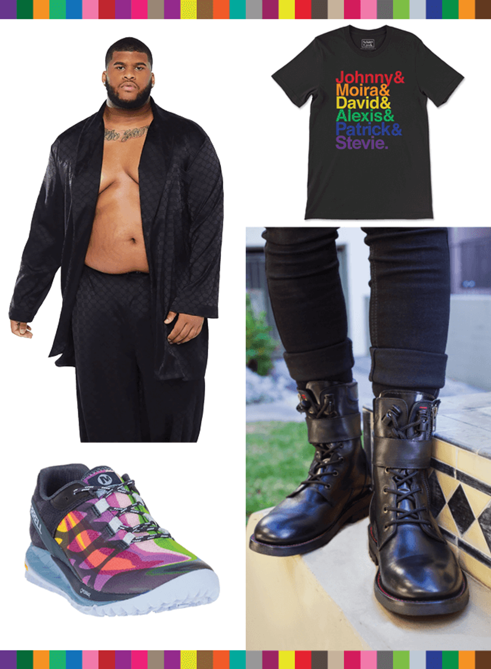 Savage X Fenty PJs, Schitts Creek Tshirt, Woman Up Tank, Merrell Antora Rainbow Trail Runners, NiK Kacy Combat H8 boots