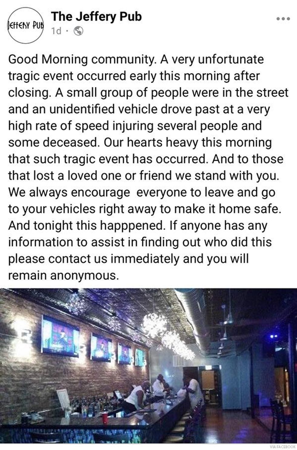 Screen shot of Jeffrey Pub Facebook post