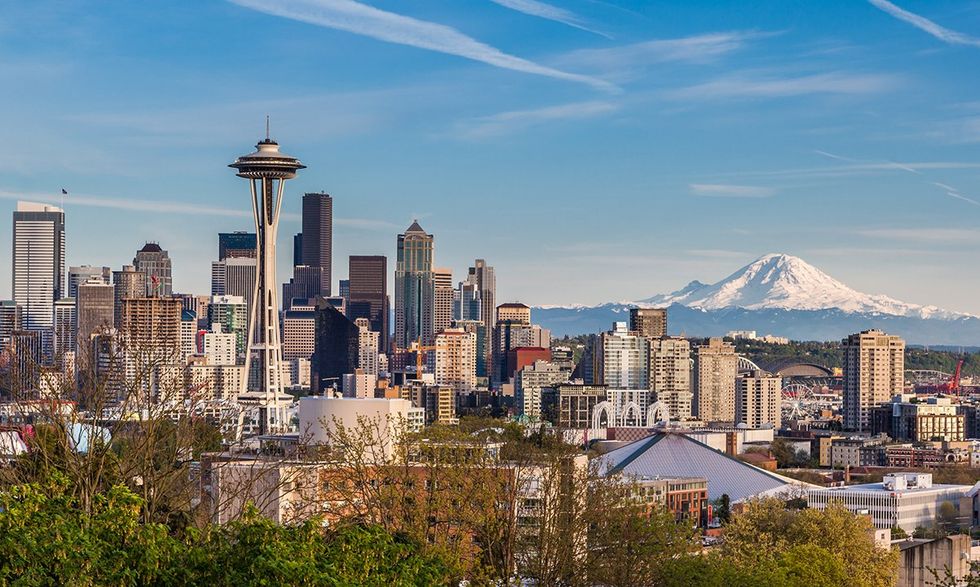 Seattle Washington downtown skyline Space Needle tower and Mount Rainier
