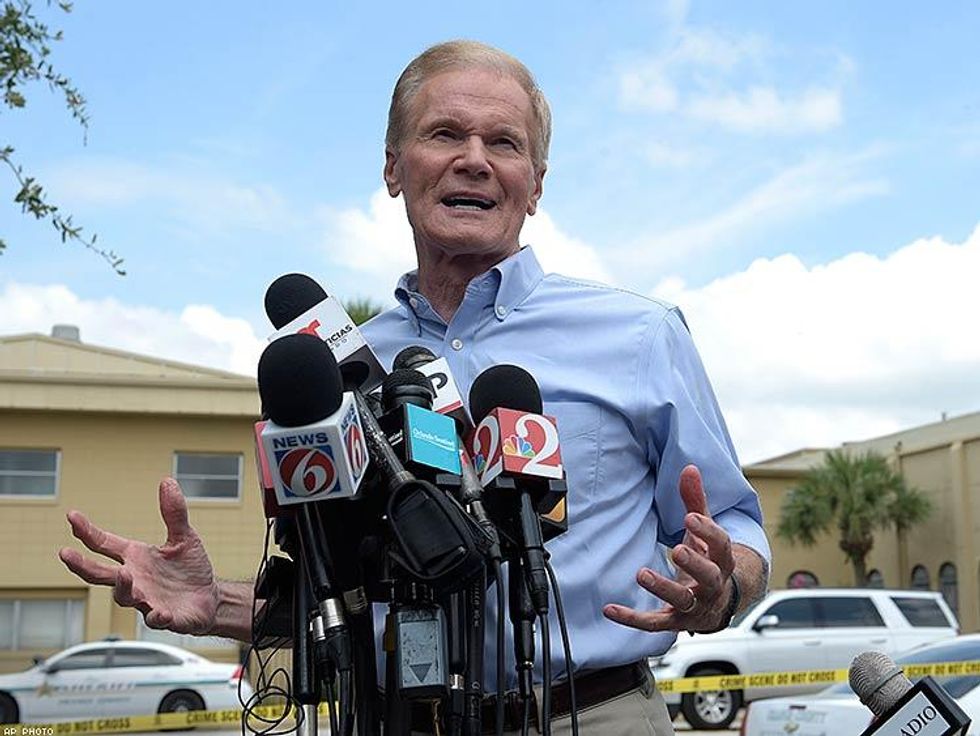 Sen. Bill Nelson, D-Fla., addresses reporters during a news conference.