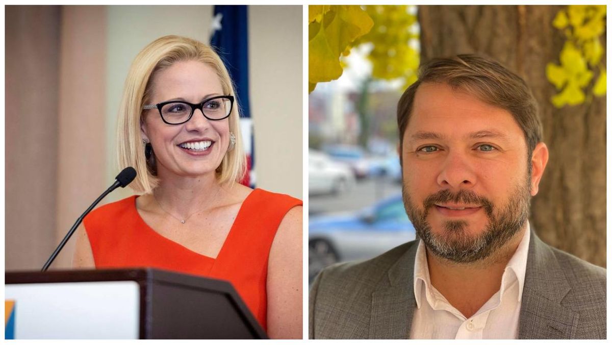 Sen. Kyrsten Sinema to the left and Rep. Ruben Gallego to the right
