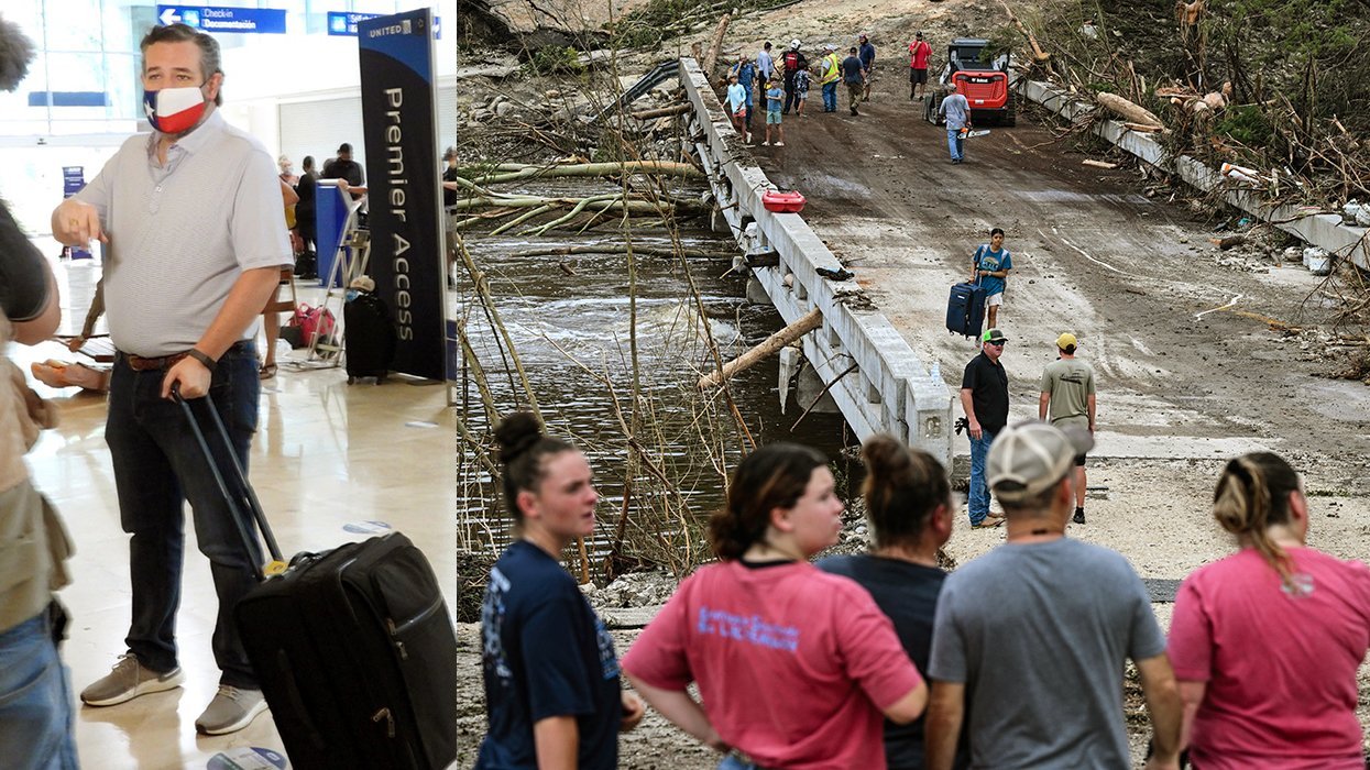 Senator Ted Cruz with luggage checks in for a flight at Cancun International Airport 2021 alongside law enforcement and volunteers search for missing people near Camp Mystic flash flooding in Hunt Texas July 2025