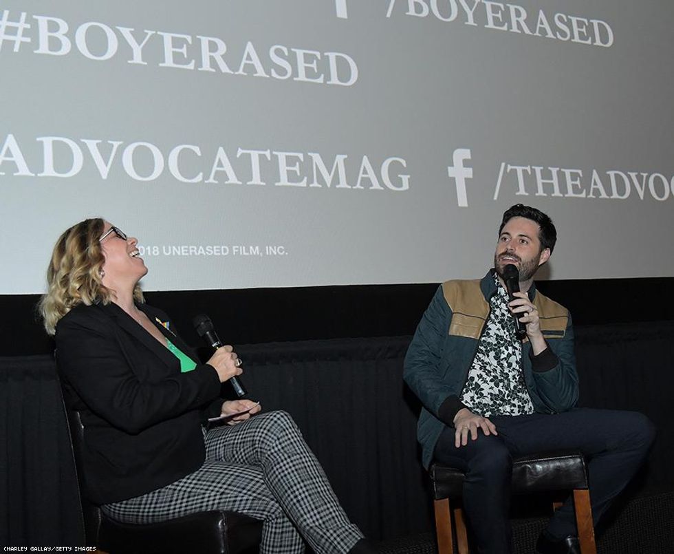 Senior Entertainment and Feminism Editor, The Advocate, Tracy E. Gilchrist (L) and "Boy Erased" author Garrard Conley participate in a Q&A