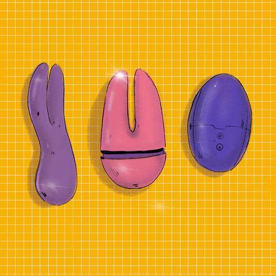 Sex toys illustrated in purple, pink, and deep purple