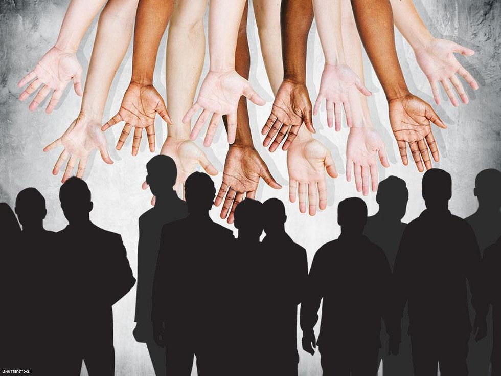 shadows of people with lots of hands above them