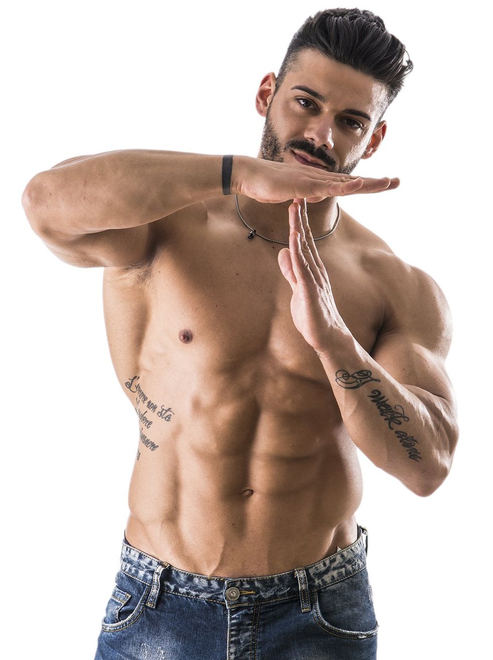 shirtless man making time out signal