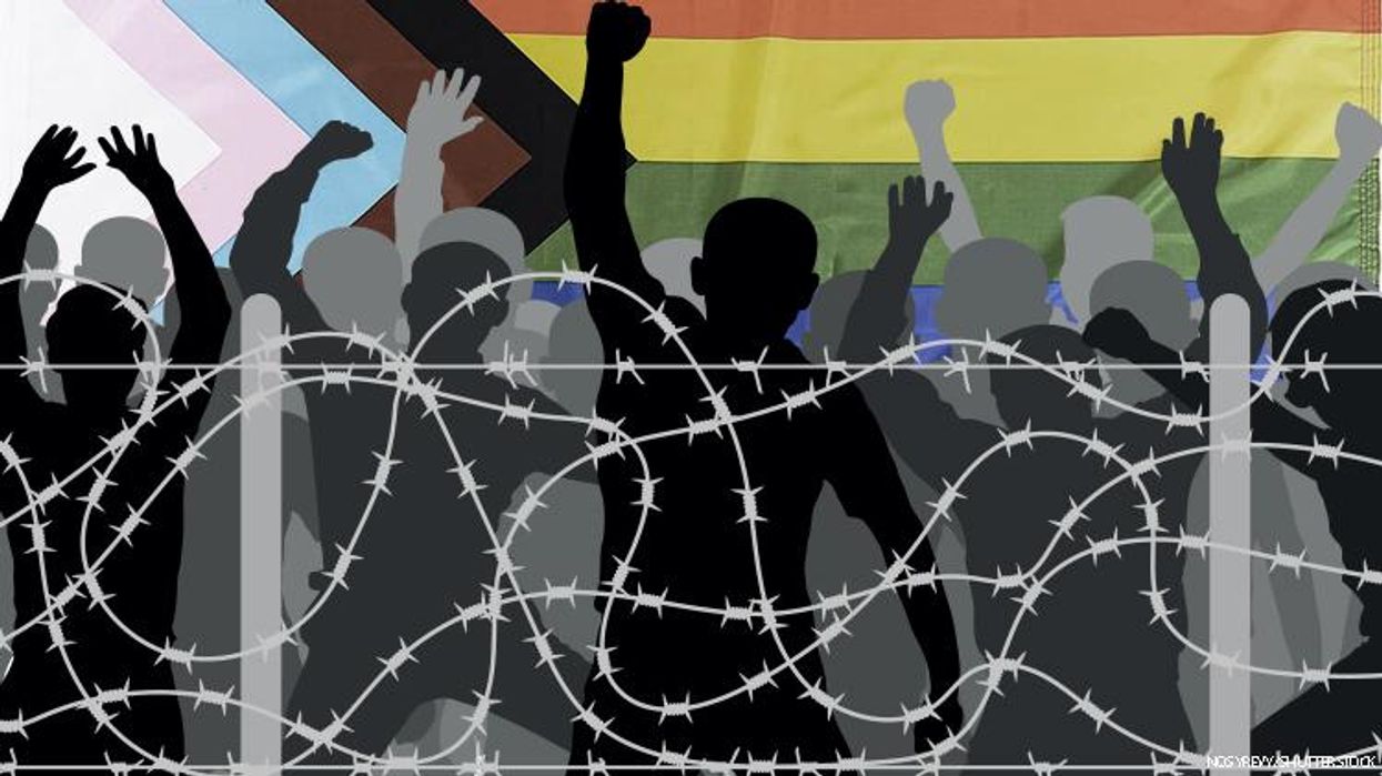 Shutterstock of barbed wire and pride flag.