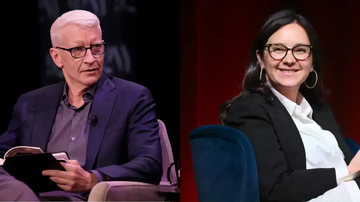 Side-by-side photos show Anderson Cooper seated onstage during an event and Bari Weiss seated onstage during a separate event.