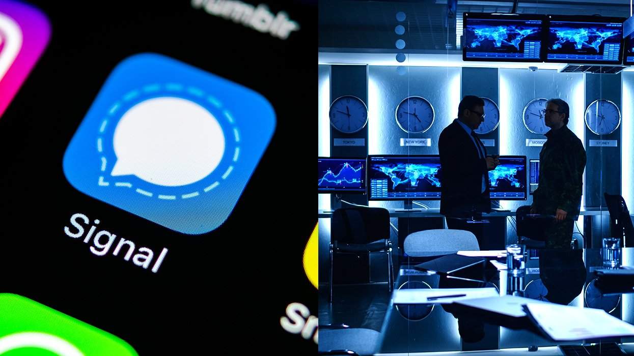 signal app smartphone icon two people meeting in secret war room