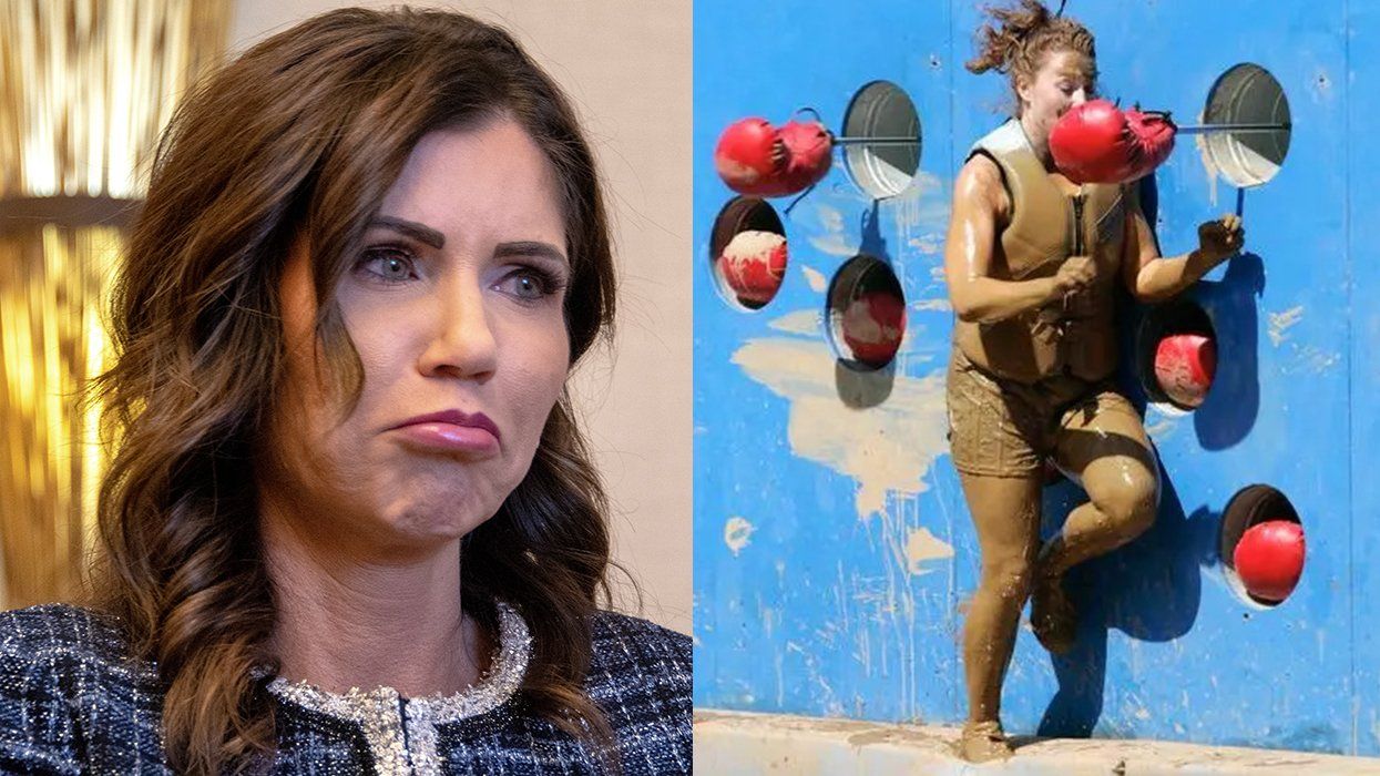 South Dakota Governor Kristi Noem 2021 alongside contestant on wipeout tv gameshow
