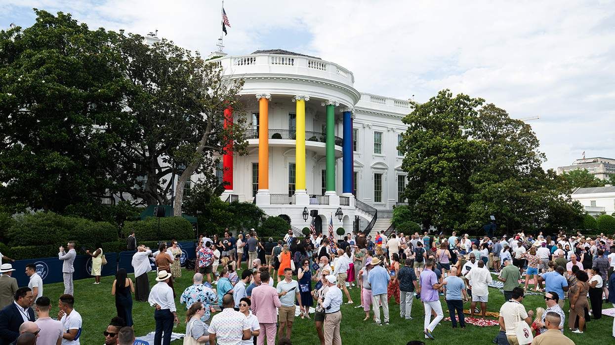 South Portico of the White House are decorated in rainbow colors for pride month celebration 2024