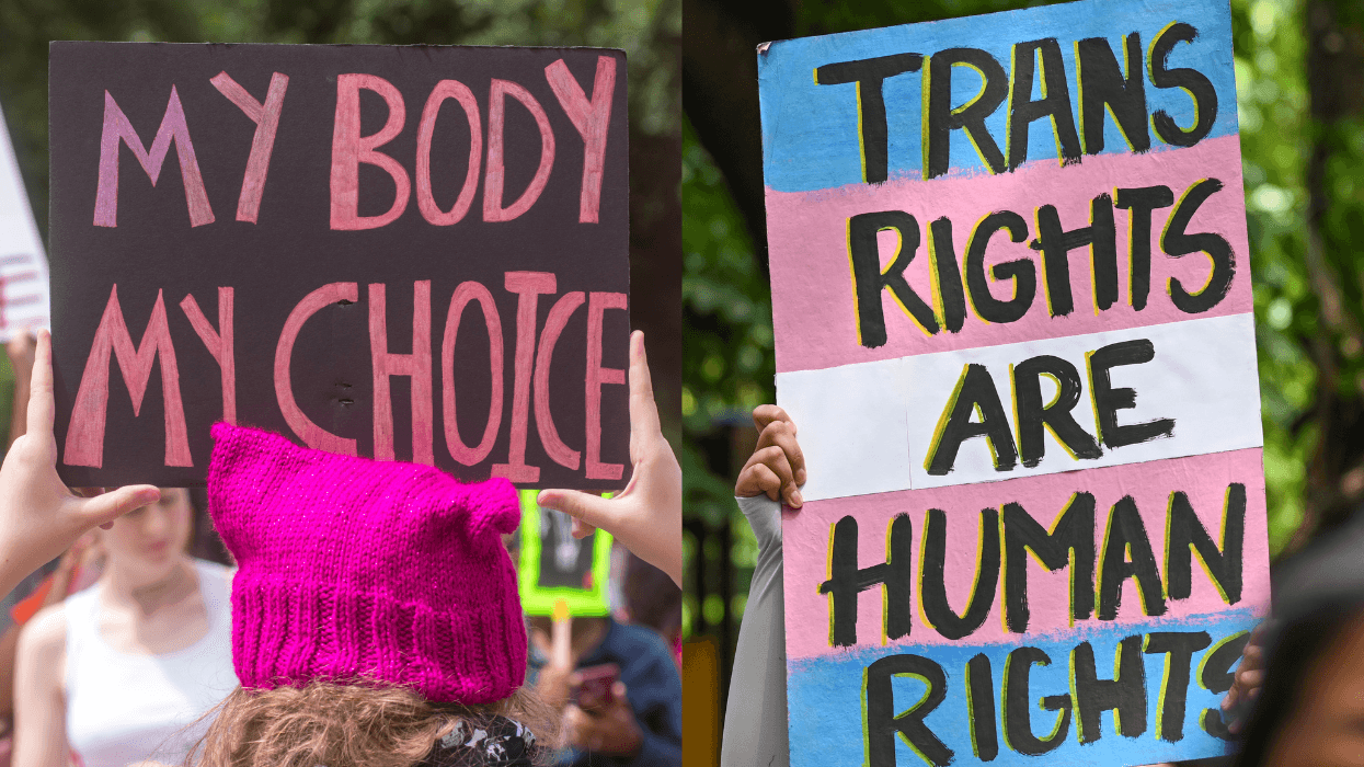 Split image of protest signs reading “My Body My Choice” and “Trans Rights Are Human Rights” at demonstrations