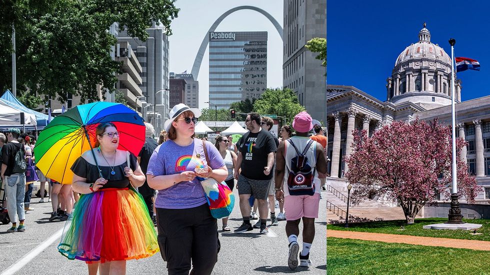 St Louis Missouri Arch behind LGBTQ Pride Celebration Queer People Jefferson City State Capitol legislature