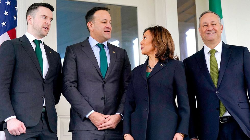 St Patricks Day US Vice President Kamala Harris (2nd R) and Second Gentleman Doug Emhoff (R) greet Irish Taoiseach Leo Varadkar (2nd L) and his partner Matthew Barrett