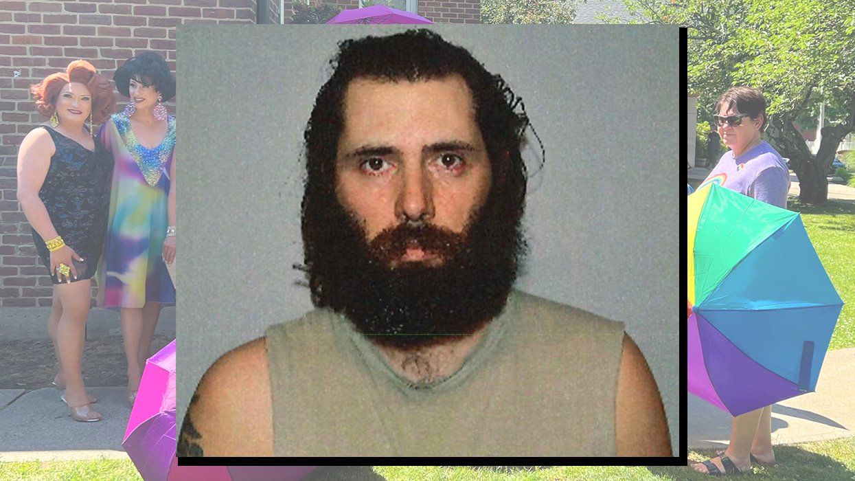 Stephen Thomas Farrea mugshot over lgbtq parasol patrol protecting Rhode Island library drag queen story hour