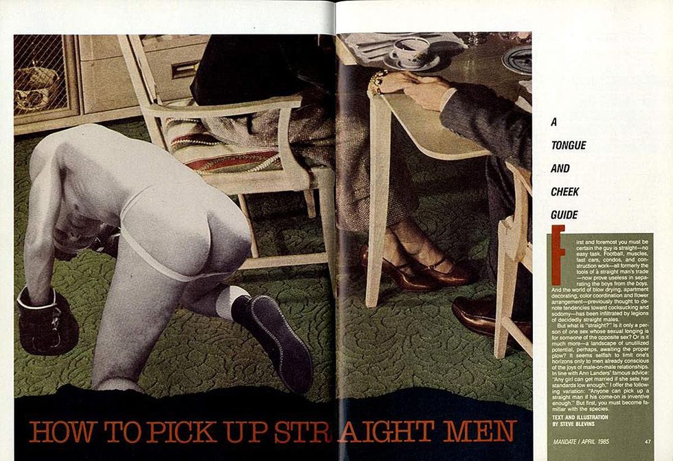 Steve Blevins, Collage illustration for \u201cHow to Pick up Straight Men,\u201d Mandate (April 1985), pp. 46\u201347. Courtesy of ONE National Gay & Lesbian Archives at the USC Libraries