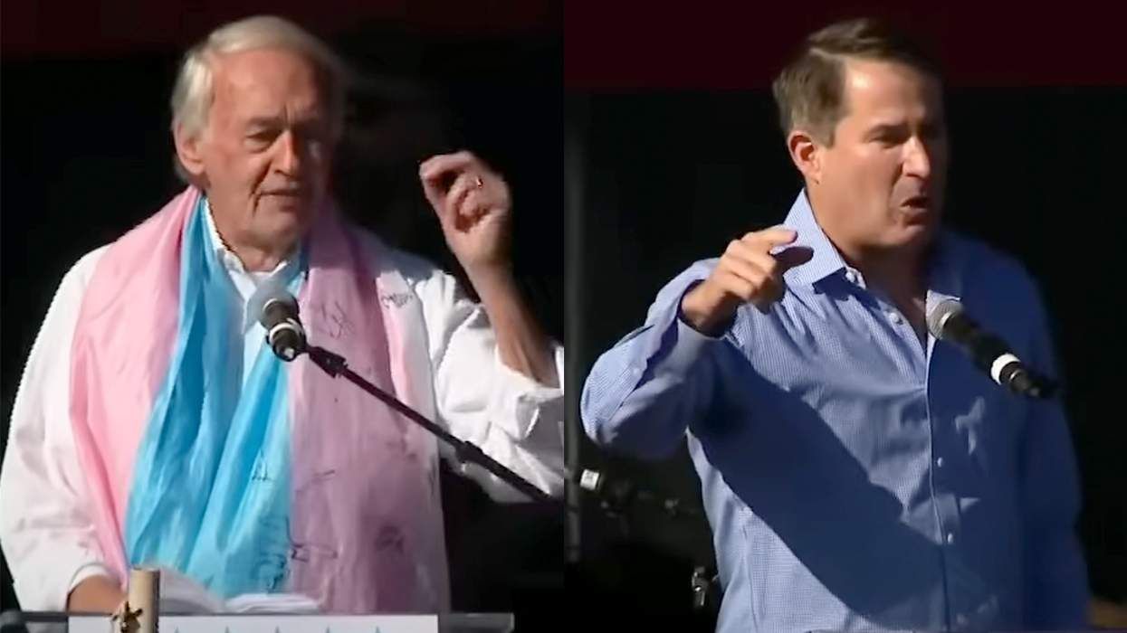 Stills of Senator Ed Markey wearing a trans flag and Representative Seth Moulton speaking at the Boston No Kings Rally Saturday.