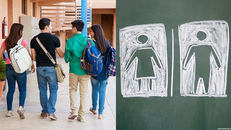 Students and bathroom signs