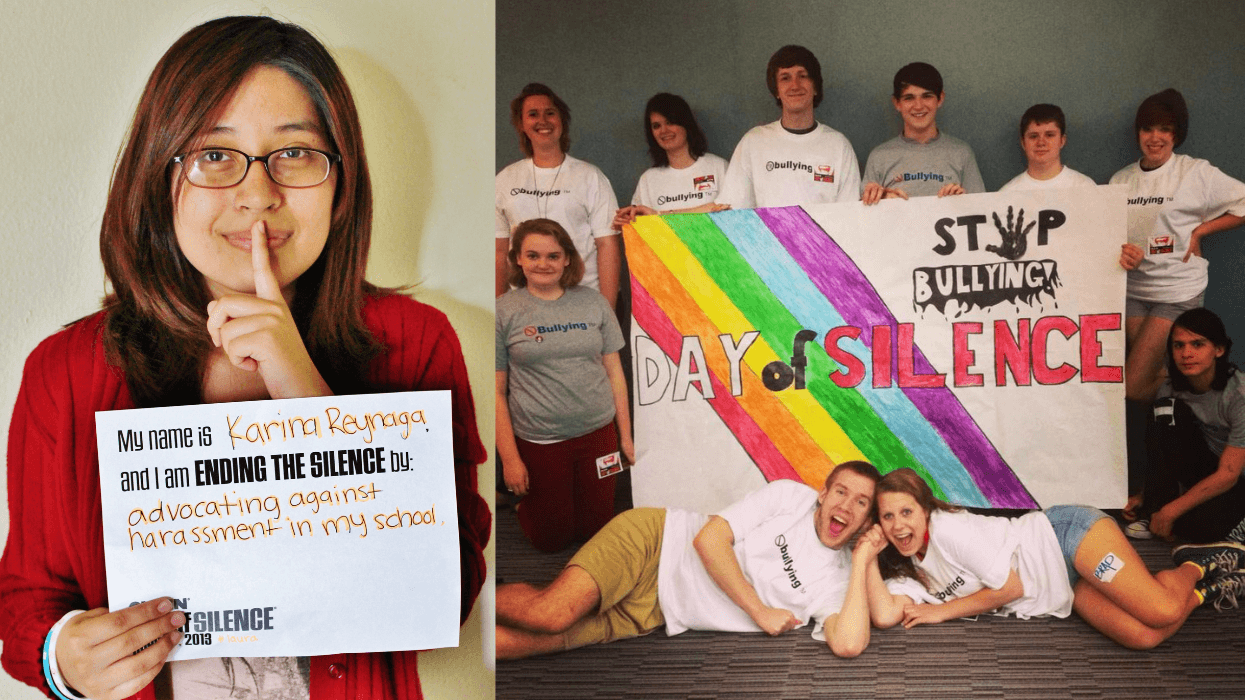 Students participate in GLSEN’s Day of Silence, with one student holding a sign about ending harassment and a group displaying a rainbow “Day of Silence” anti-bullying poster