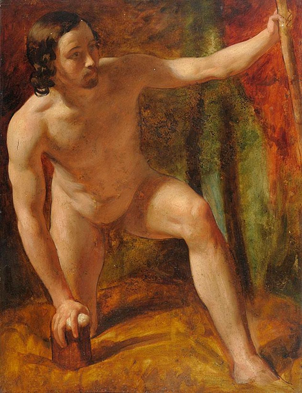 Study-of-a-male-nude-crouching-his-left-hand-holding-a-wooden-staffx633_0