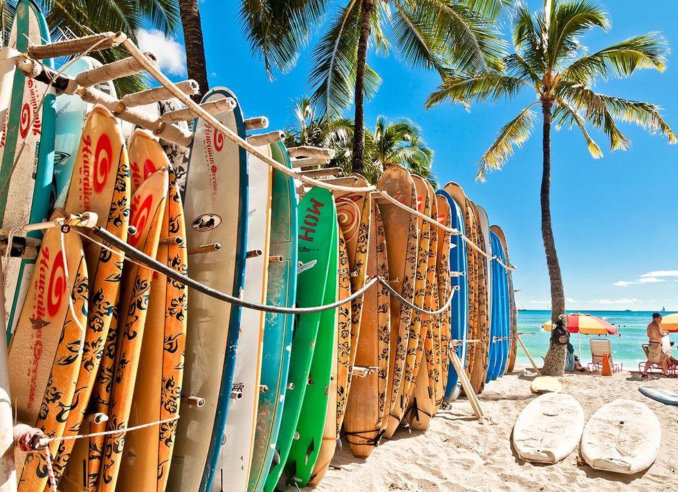 Surfboards lined up in the rack at famous Waikiki Beach in Honolulu Oahu Hawaii