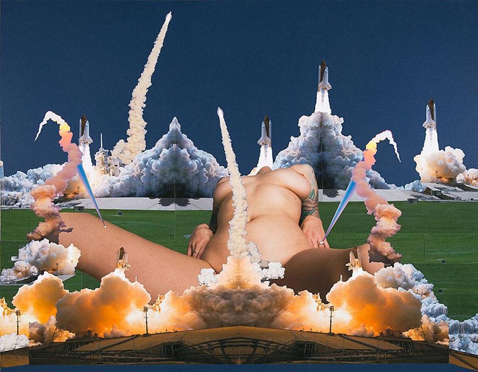 Suzanne Wright, Eight Shuttles, 2016. Photo collage, 32 x 40 inches. Photo by Ian Byers-Gamber. Courtesy of the artist