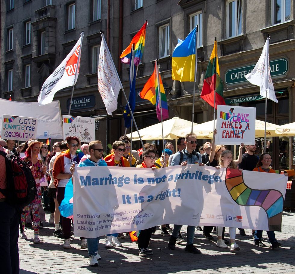 TALLINN ESTONIA 2023 LGBTQIA Baltic Pride parade annual festival marriage equality banner