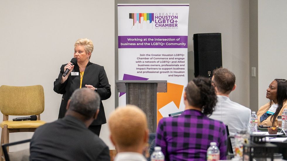 Tammi Wallace addresses the Houston LGBTQ+ Chamber THRIVE event