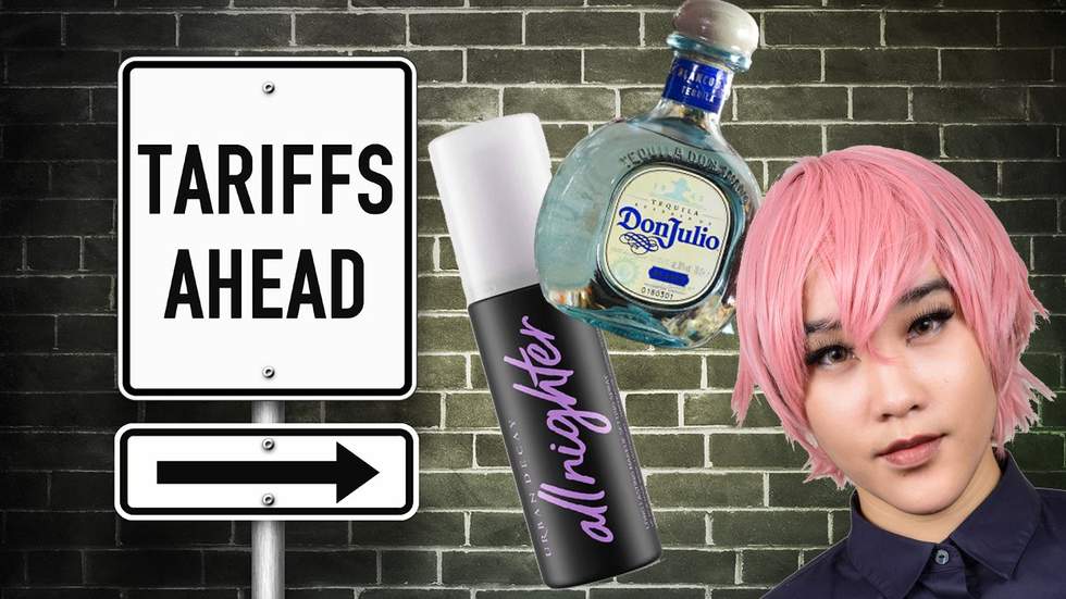 Tariffs ahead traffic sign against brick wall illustration with makeup tequila person in wig layered on top