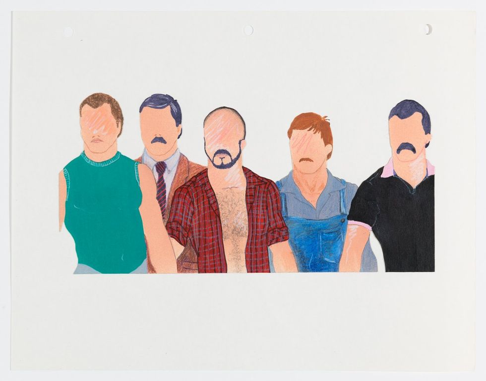 Teddy Sandoval illustration of five faceless men for a 1981 issue of In Touch for Men magazine