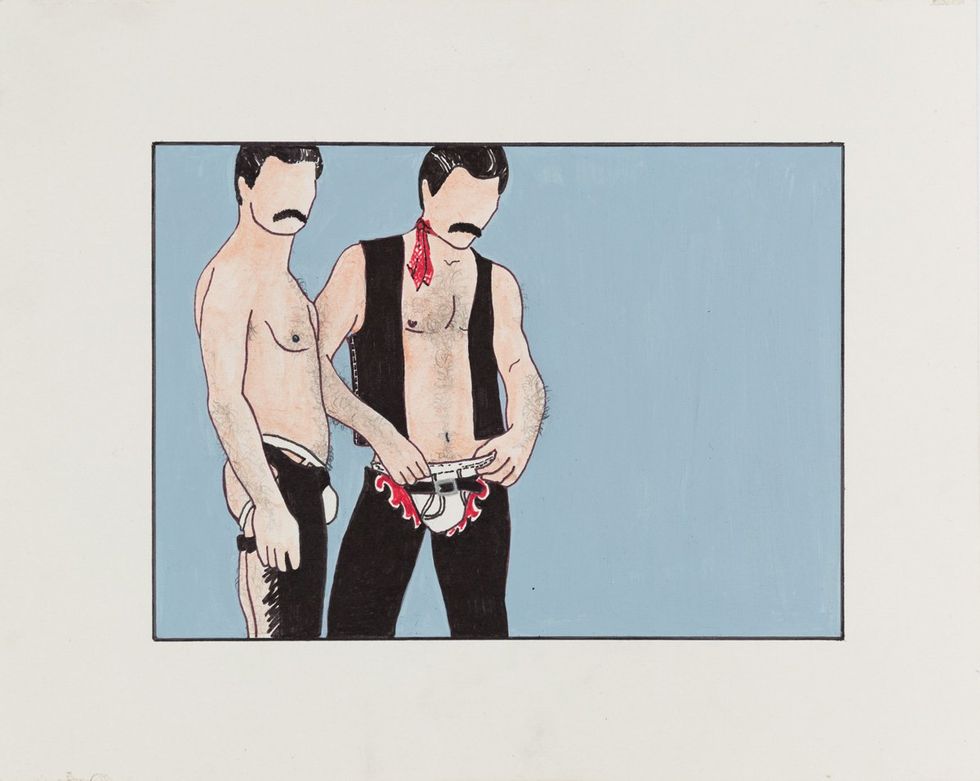 Teddy Sandoval illustration of two faceless men in chaps for a 1981 issue of In Touch for Men magazine
