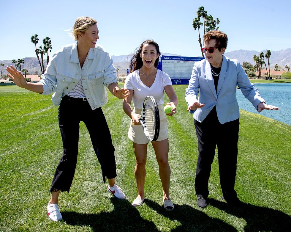 tennis stars Maria Sharapova legend Billie Jean King coach Olympic gold medal gymnast Aly Raisman during a friendly game of tennis golf