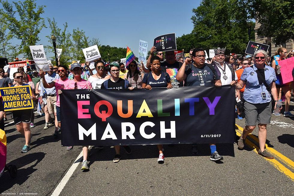 Tens of thousands of people unhappy with current administration policies on gender, race, religion, and LGBT equality marched in Washington, D.C., Sunday.
