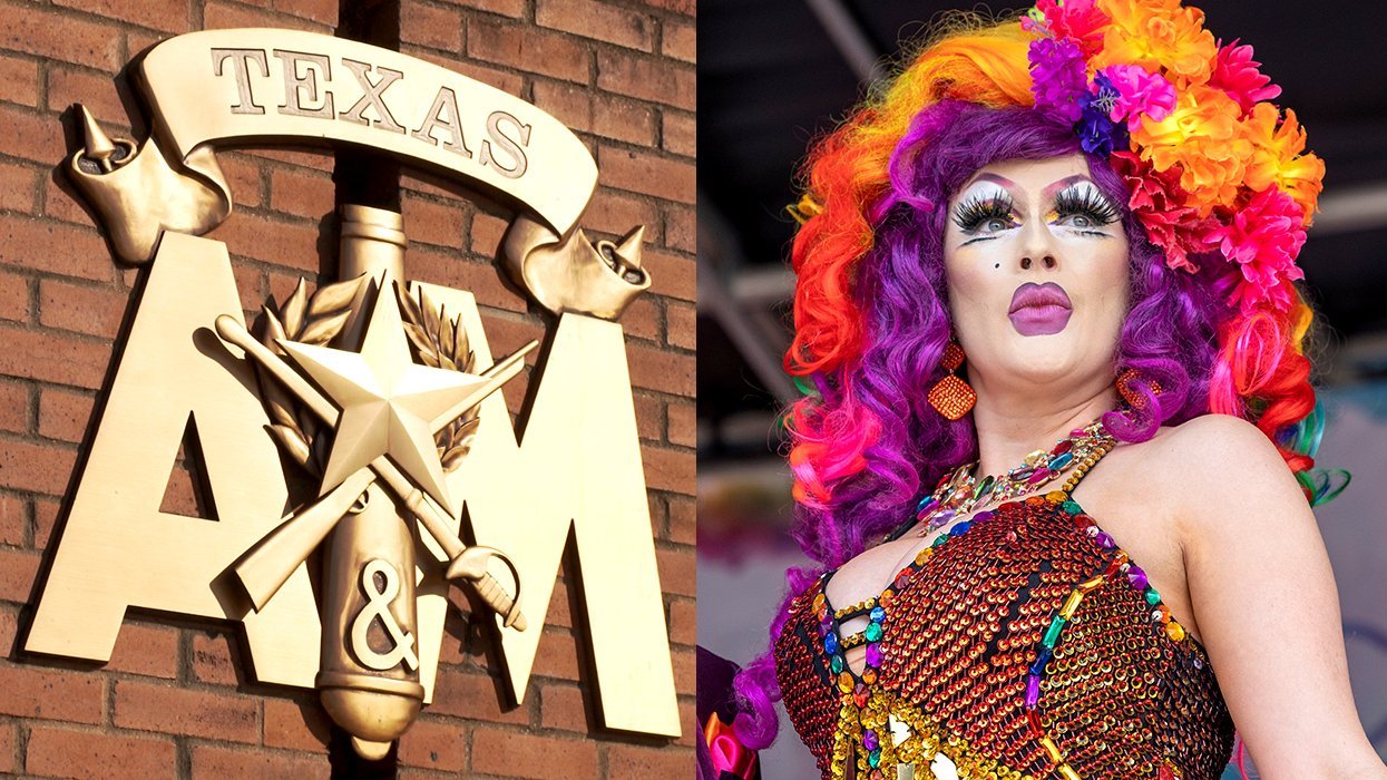 Texas AM University golden seal on brick wall alongside a drag queen performing