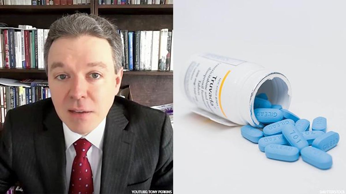 Texas lawyer Jonathan Mitchell next to a pill bottle of Truvada blue oblong tablets.