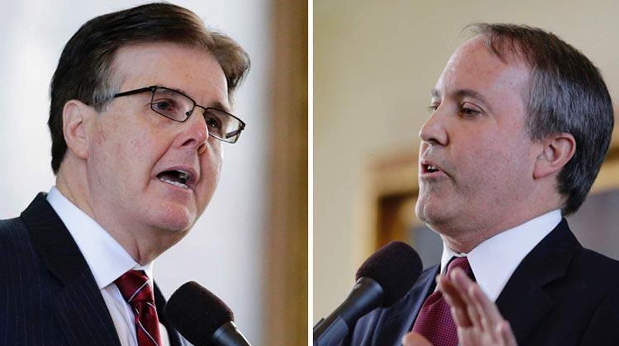 Texas Lieutenant Governor Dan Patrick at left; Texas Attorney General Ken Paxton at right