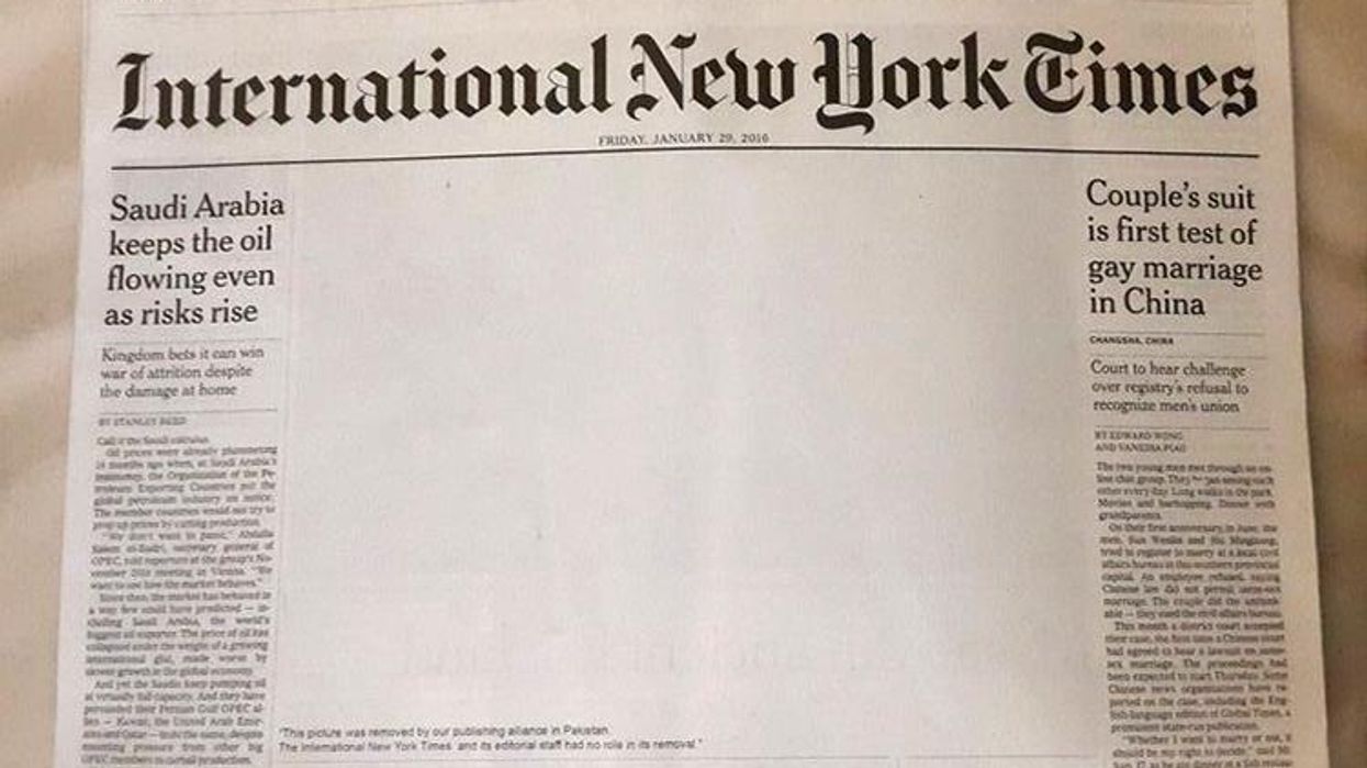 The censored cover of the International New York times in Pakistan