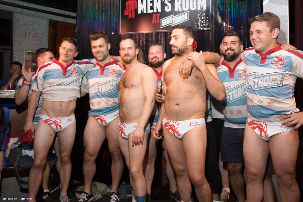 The Chicago Dragons takeover Sidetrack showing off Rugby thickness in their new budgie smugglers.