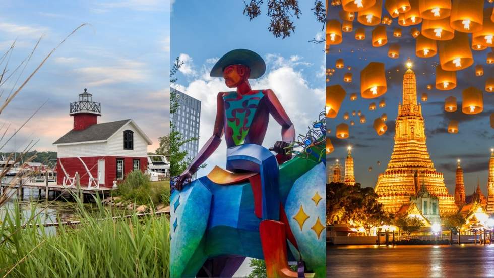 The Kalamazoo Replica Lighthouse in Douglas, Michigan, USA; Tracking the End of the Rainbow statue in Austin, Texas, USA; Floating lamps in the Yi Peng Lantern Festival at Wat Arun, Bangkok, Thailand