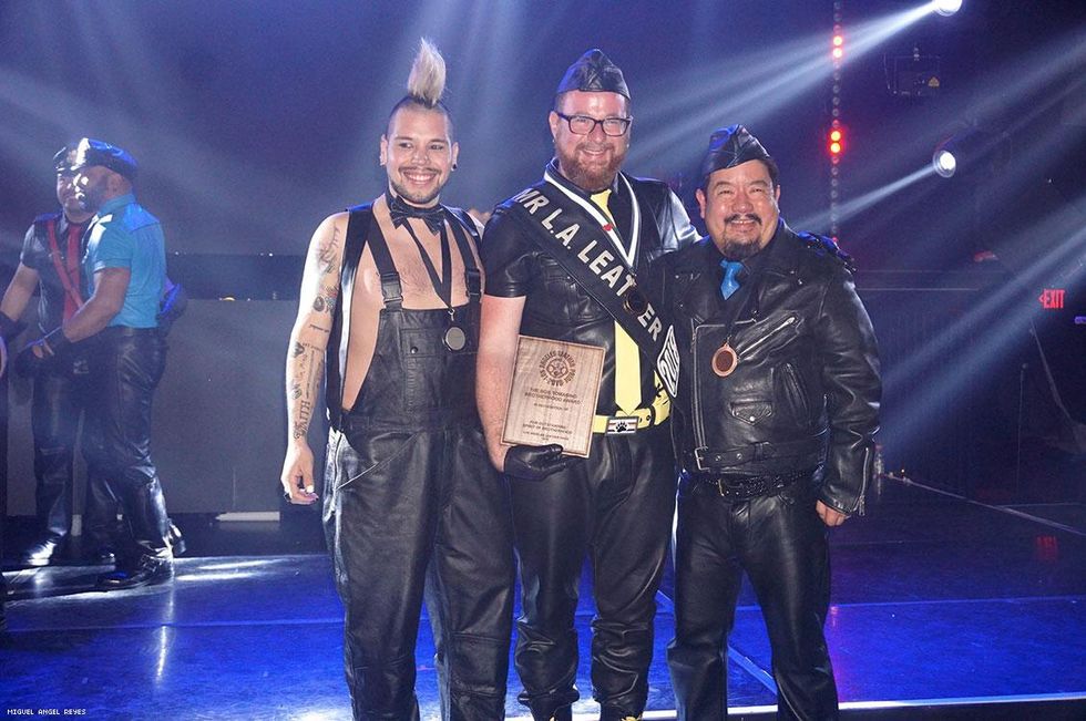 The new Mr. LA Leather, Ben Kaufher, flanked by 1st runner up, Spike (left), and 2nd runner up, Pup Yoshi, (right).