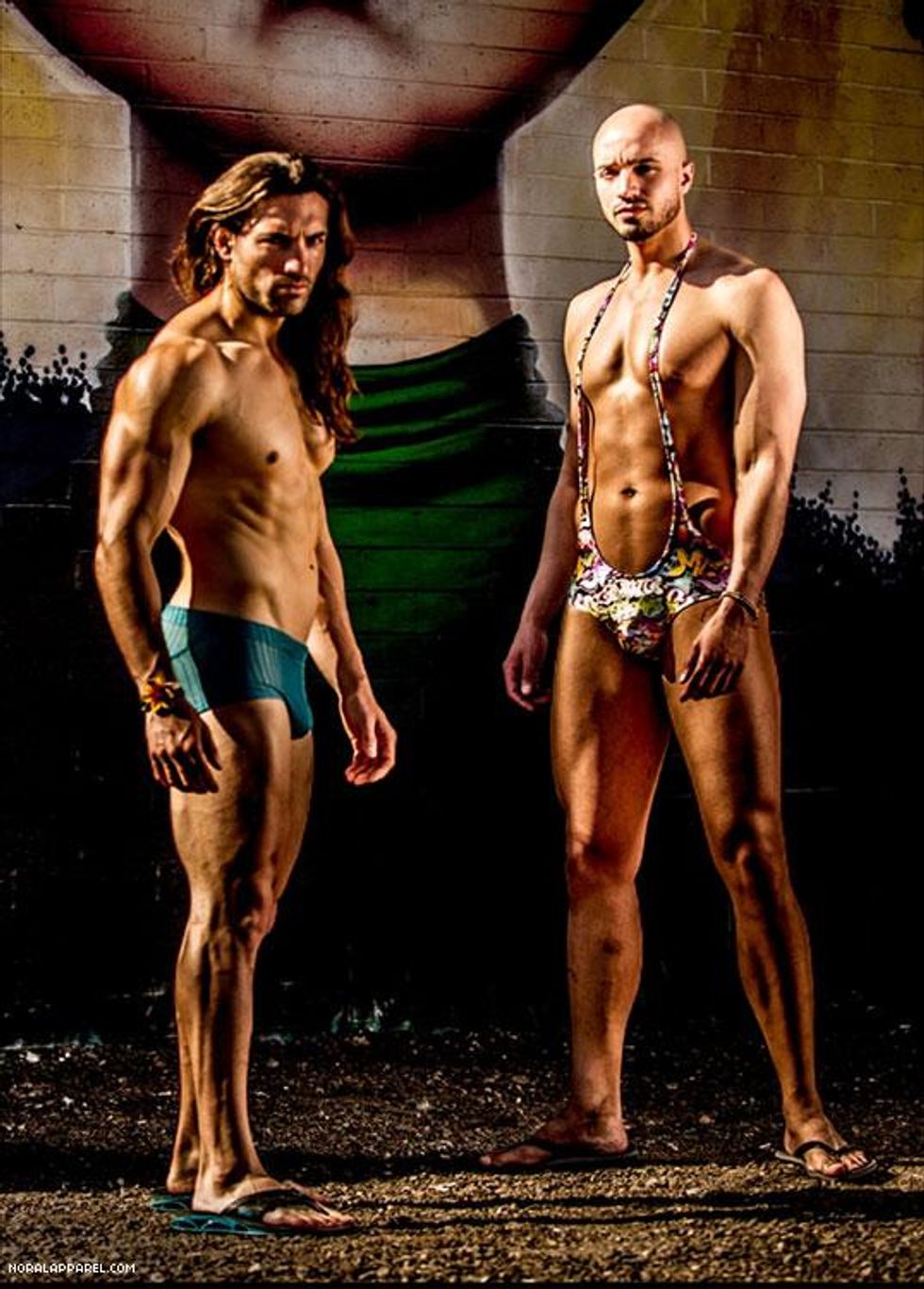 The NoRal Apparel Luxe Mesh Brief & Graffiti Sling. Photography: Digital Obsession. Models: Devon & Matt