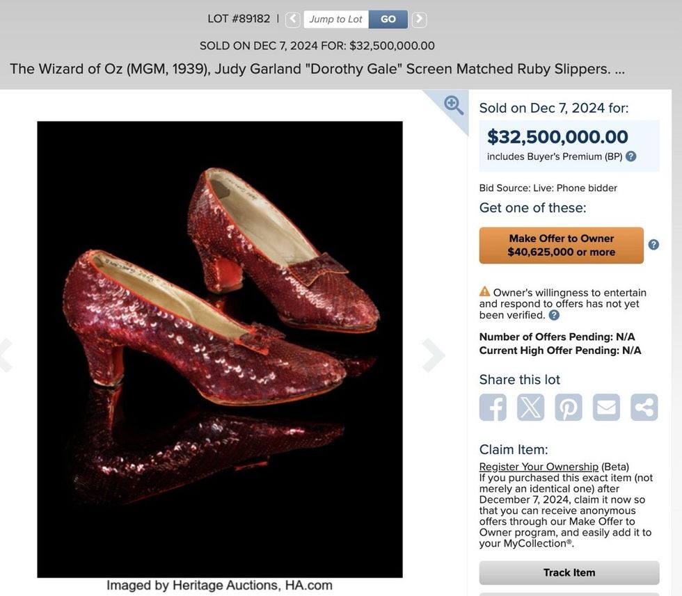 The official Ruby Slippers auction page on December 7, 2024 via Heritage Auctions