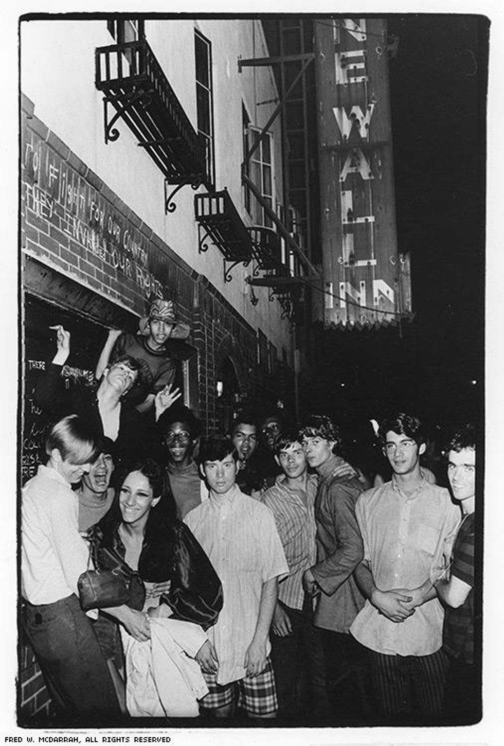 The Stonewall riots started on Friday night, June 27, and ended Monday morning, with breaks in between for a victory celebration. The chalked message on the wall says, \u201cTo fight for our country, they invaded our rights.\u201d