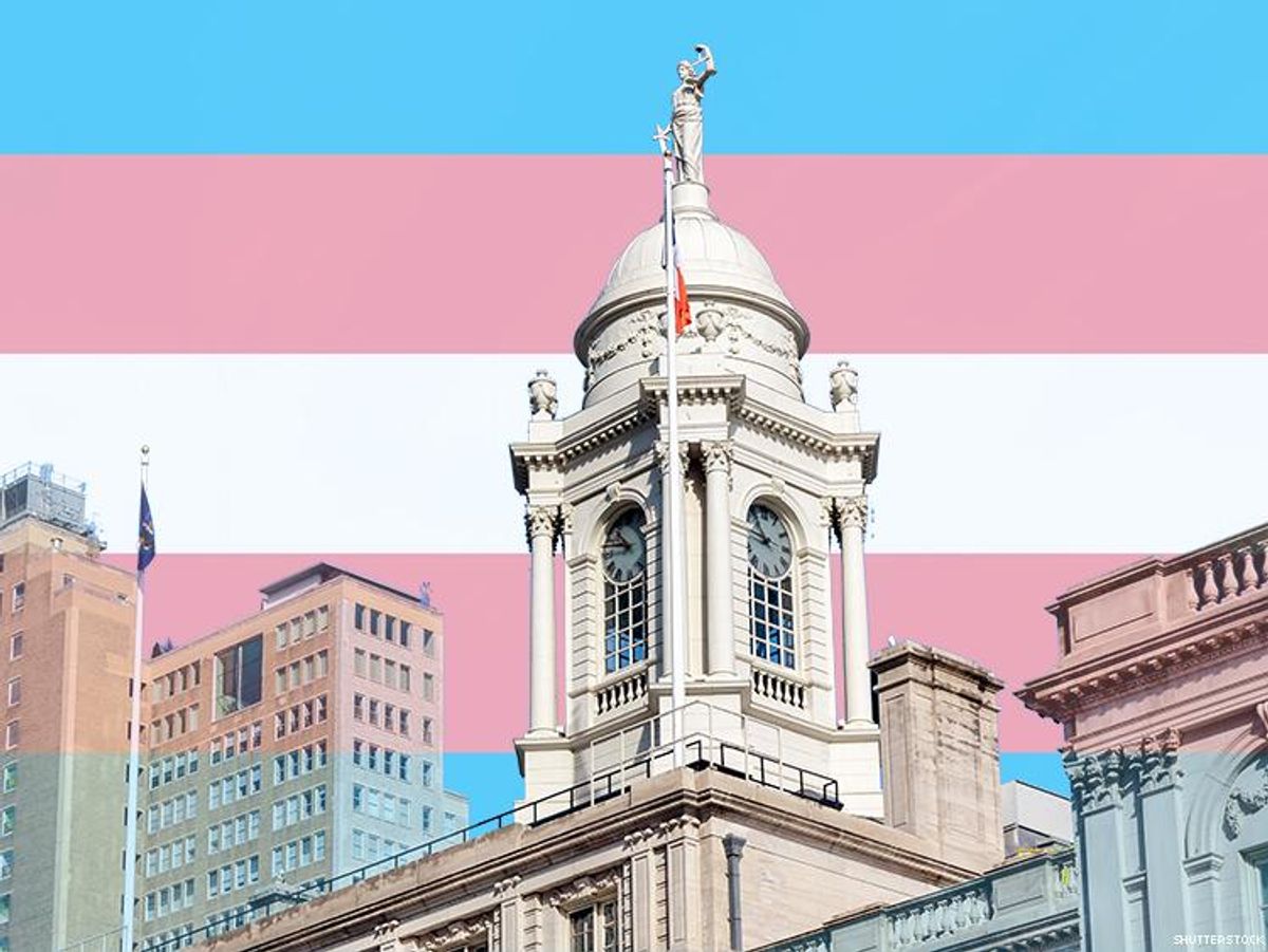The trans pride flag flies outside of New York City Hall