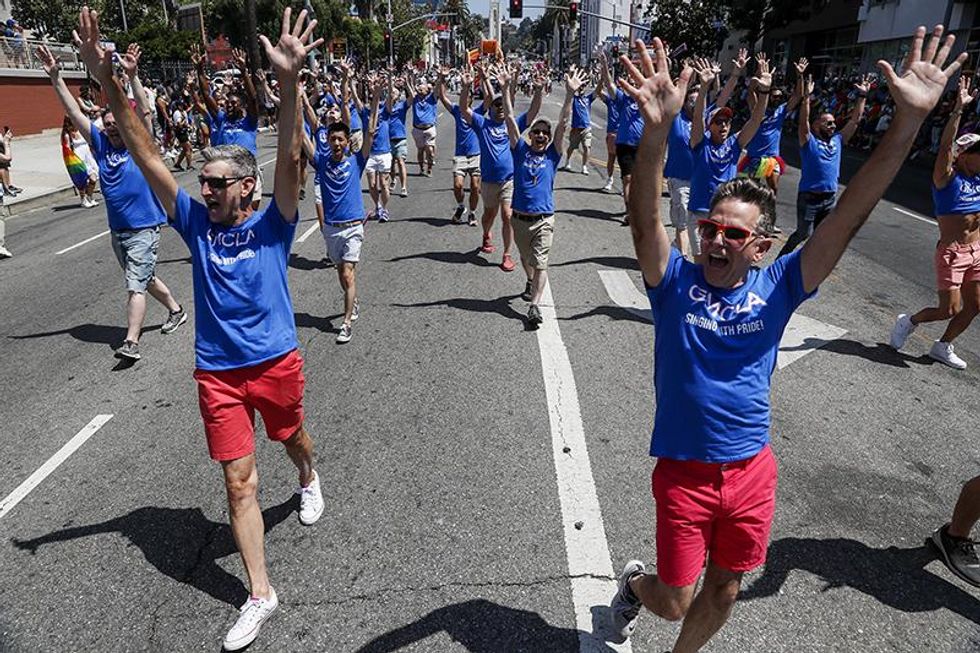 Thousands march down Hollywood Blvd in the LA Pride Parade on June 12, 2022