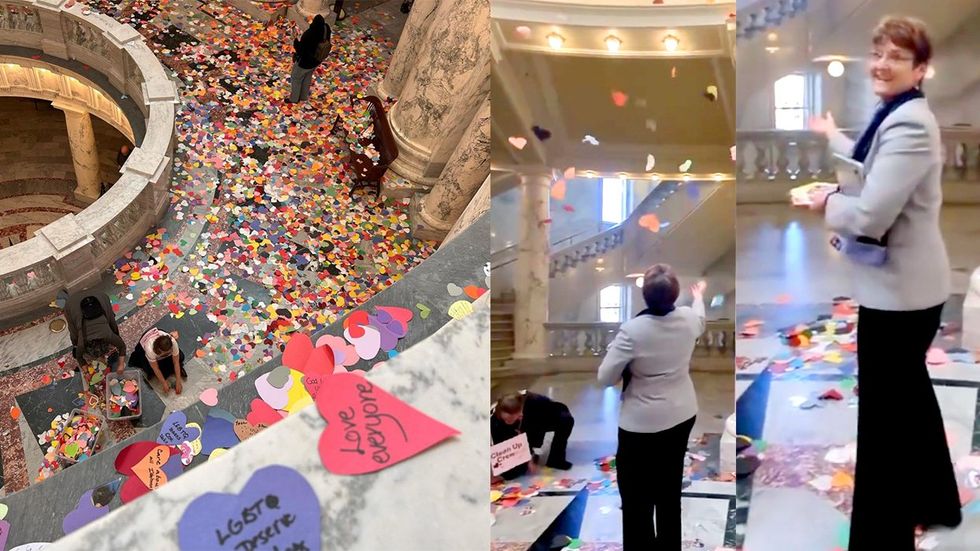 Thousands paper hearts flood Idaho state capitol building after lawmakers pass anti LGBTQ bills Senator Melissa Wintrow reaction ACLU protest show queer love