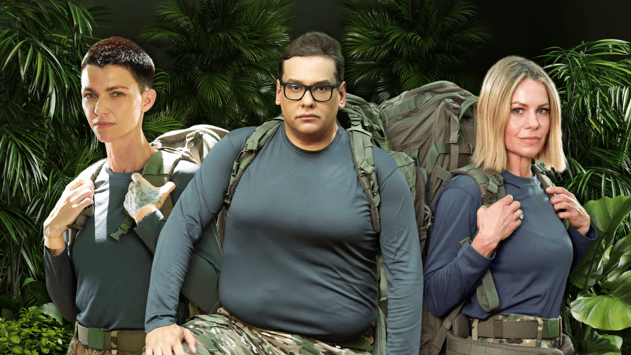 Three people in matching gear with backpacks in a jungle setting.