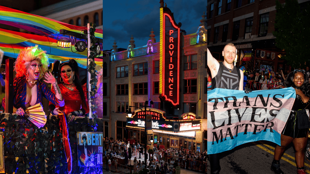 Three-photo collage showing performers on a brightly lit Pride parade float, the Providence Performing Arts Center illuminated at night, and marchers carrying a "Trans Lives Matter" banner during Rhode Island Pride in Providence.